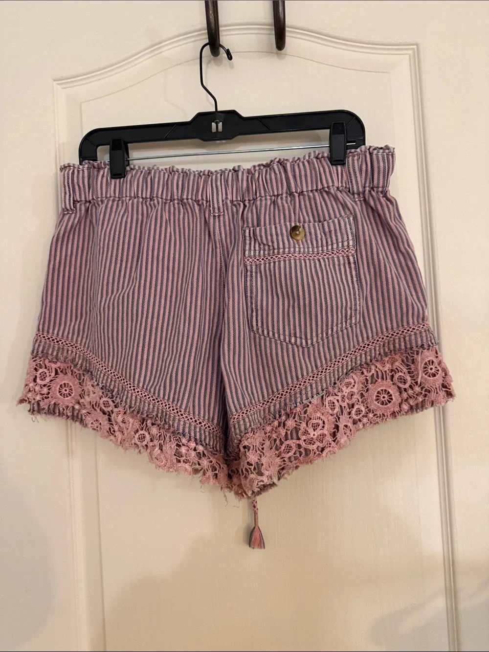 We The Free Pink and Blue Striped Crochet-Trim Jean Shorts - Picture 2 of 6